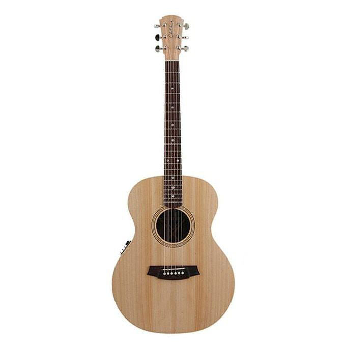 Cole Clark Angel 2 acoustic guitar with Bunya Blackwood top and mahogany body, showcasing its natural wood finish and slim neck.