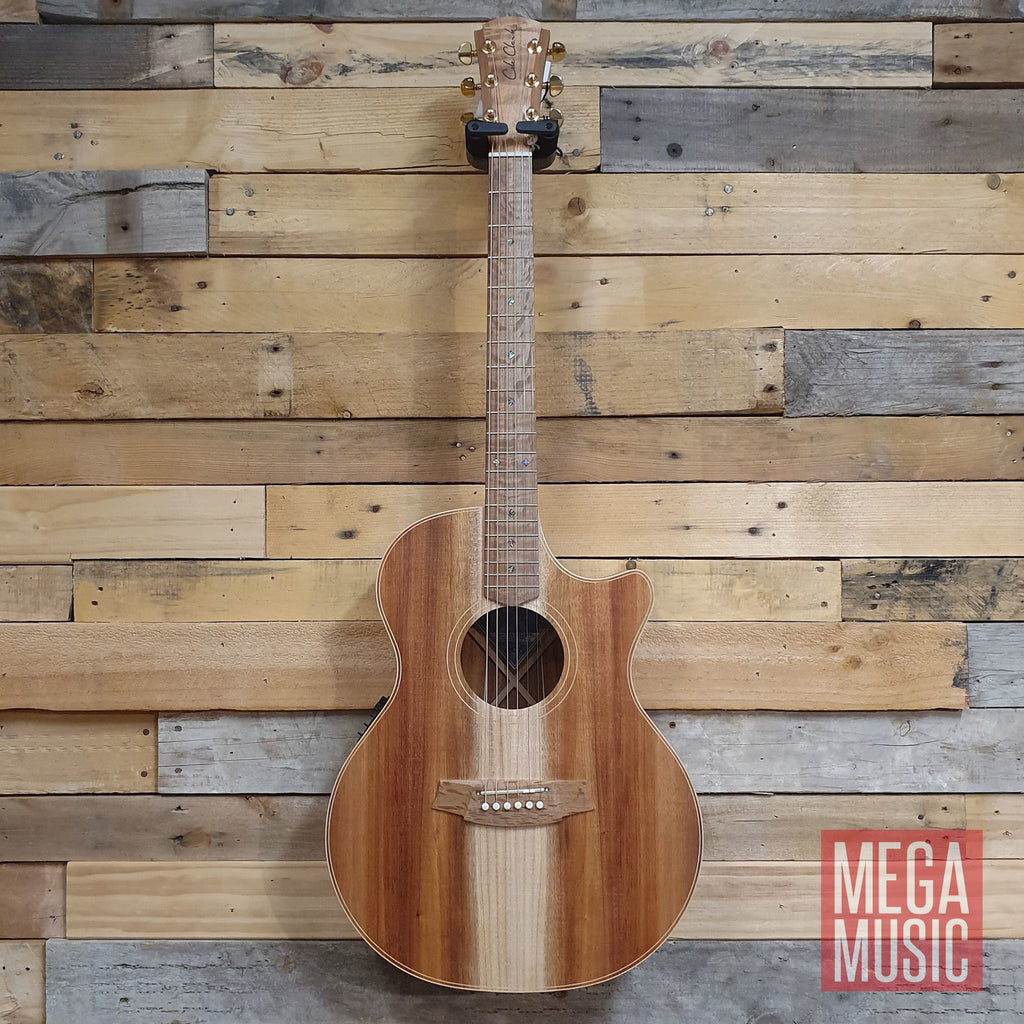 Cole Clark Angel 2 acoustic guitar in all Blackwood finish, showcasing its sleek blackwood body and detailed craftsmanship.