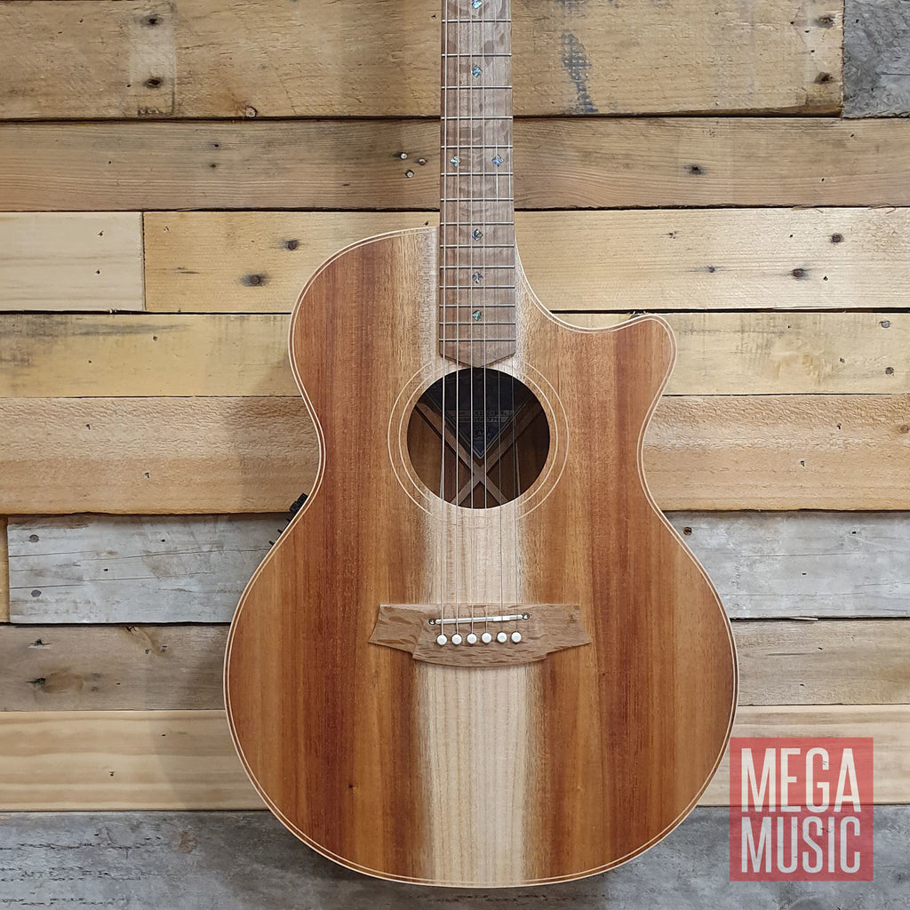 Cole Clark Angel 2 acoustic guitar in all blackwood with a natural wood finish, showcasing its detailed body and neck design.