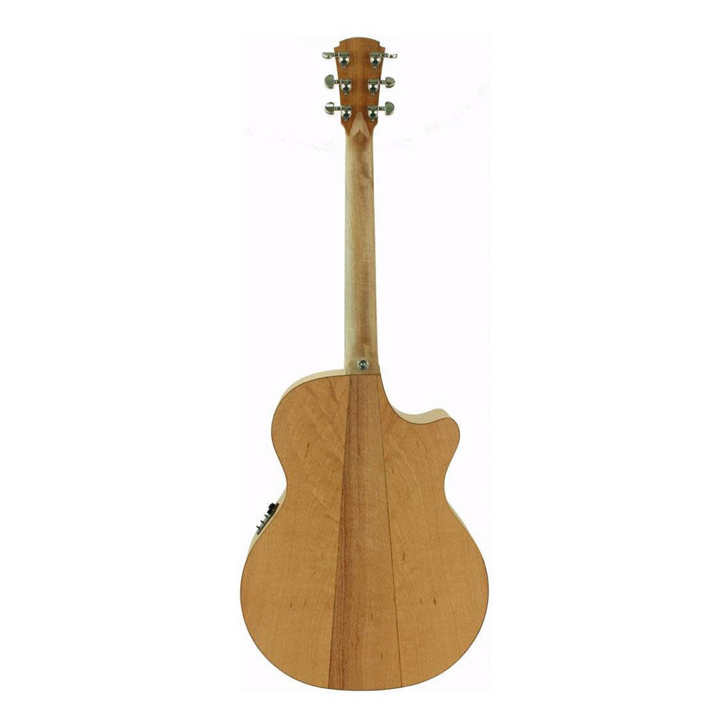 Cole Clark Angel 2 Series Grand Auditorium acoustic guitar with Bunya face and Australian Silky Oak back and sides, featuring pickup system.