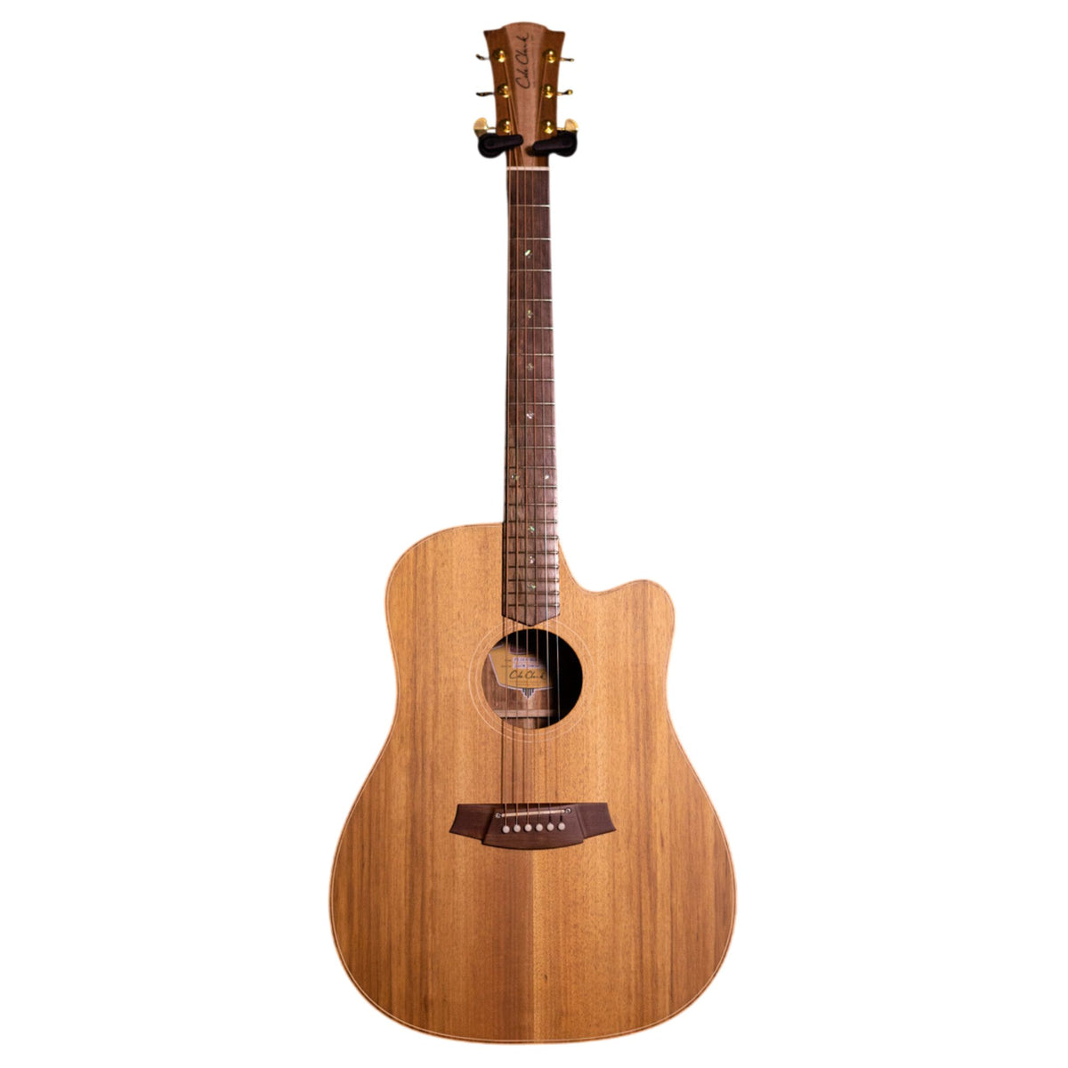 Cole Clark Fat Lady 2 acoustic guitar in all blackwood and rosewood, showcasing its black finish and detailed wood grain.