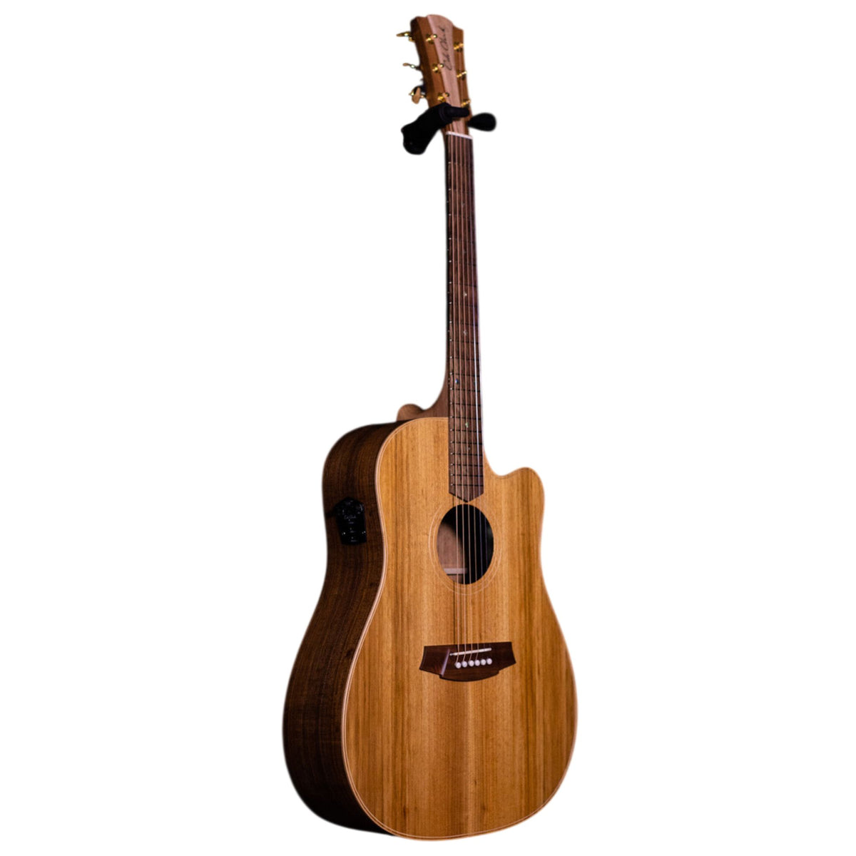 Cole Clark Fat Lady 2 acoustic guitar in all blackwood rosewood with a sleek black finish and intricate wood grain details.
