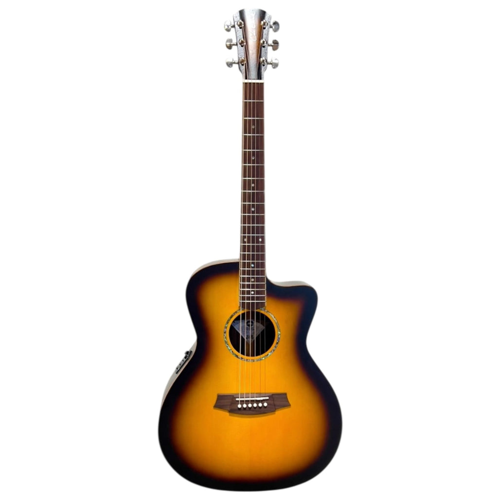 Cole Clark Studio GA AN1EC acoustic guitar with spruce top, rosewood fingerboard, sunburst finish, and cutaway body.