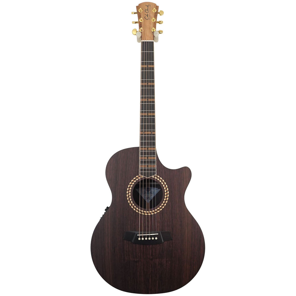 Cole Clark Angel Studio Recording Deluxe acoustic guitar with rosewood body and natural finish, showcasing its elegant design and craftsmanship.