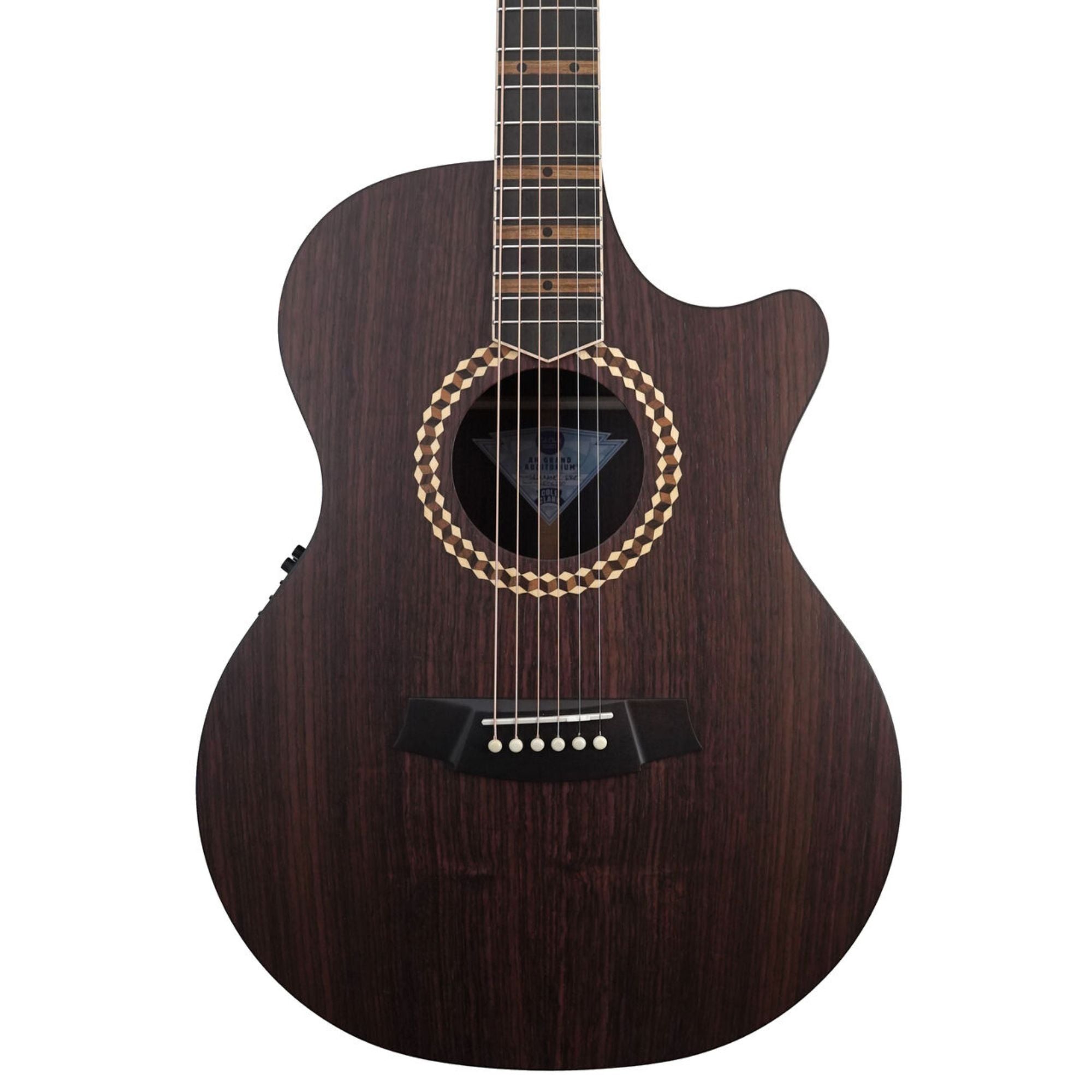 Cole Clark Angel Studio Recording Deluxe acoustic guitar with rosewood body and natural finish, showcasing its intricate craftsmanship.
