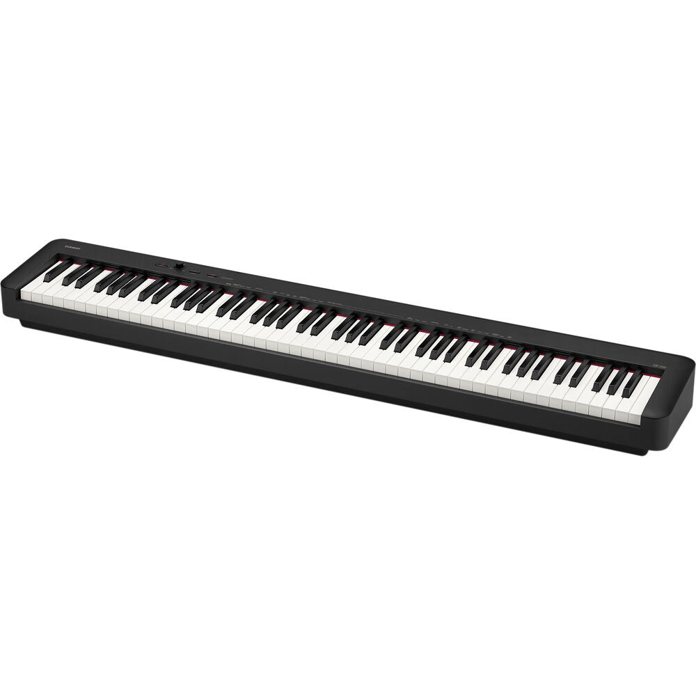 Casio CDP-S160 compact digital piano in black, showing the sleek keyboard and control panel of the Casio digital piano.