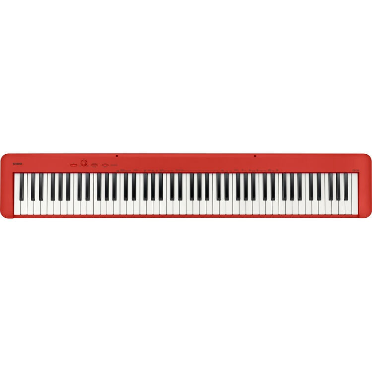 Casio CDP-S160 88-key slim digital piano in red, showing the compact design with keys and control panel.