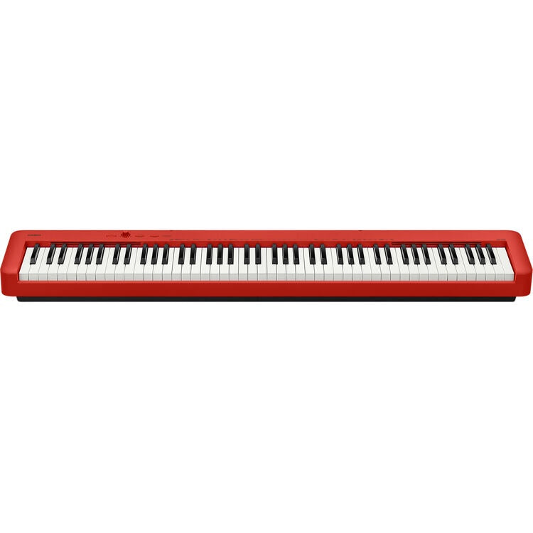 Casio CDP-S160 88-key slimline digital piano in red, showing the compact design and full-sized keyboard.