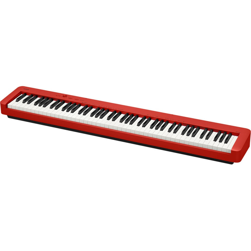 Casio CDP-S160 88-key slimline digital piano in red, featuring a compact design and standard keyboard keys.