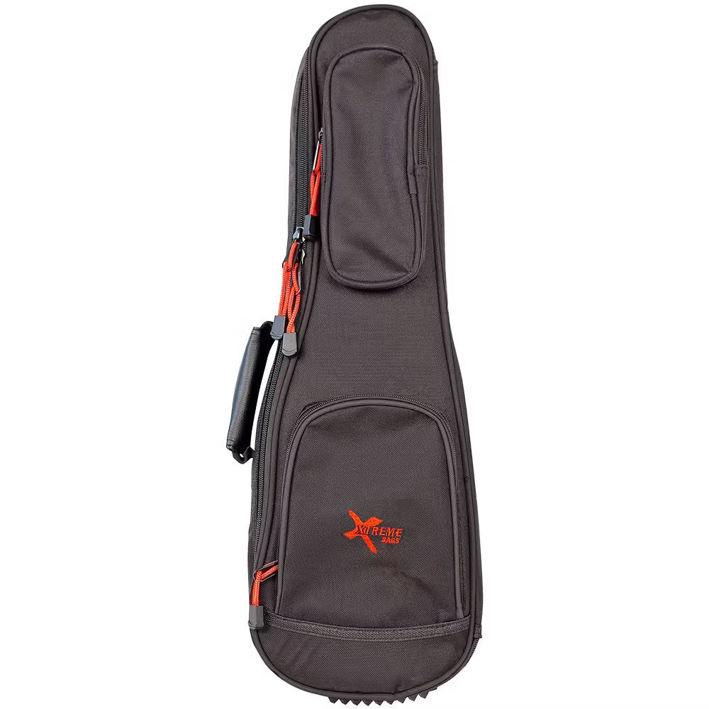 Xtreme CEOB701 Soprano Ukulele Bag showing padded black exterior and zipper closure for protecting a soprano ukulele.