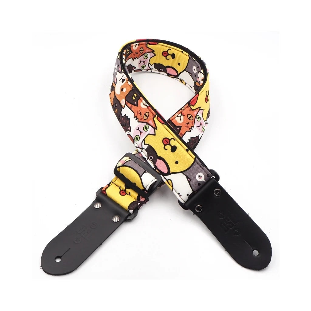 Black DSL Straps Cats & Dogs guitar strap, 2-inch wide, featuring playful cat and dog designs, made for comfortable playing.