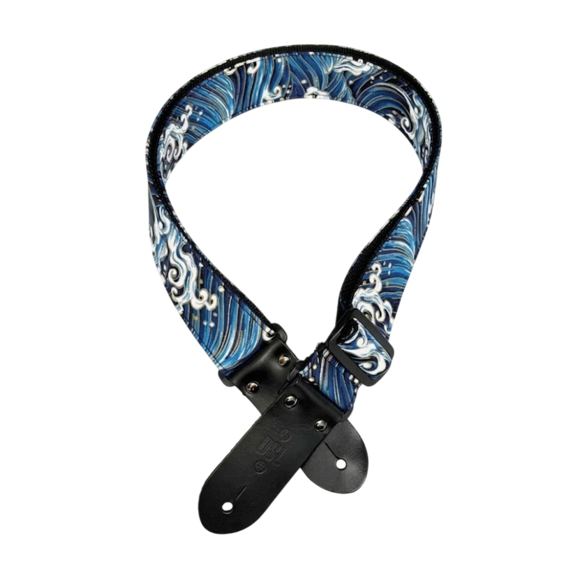 Blue JWave guitar strap by DSL Straps, 2-inch width, with black accents, designed for comfortable and stylish guitar playing.