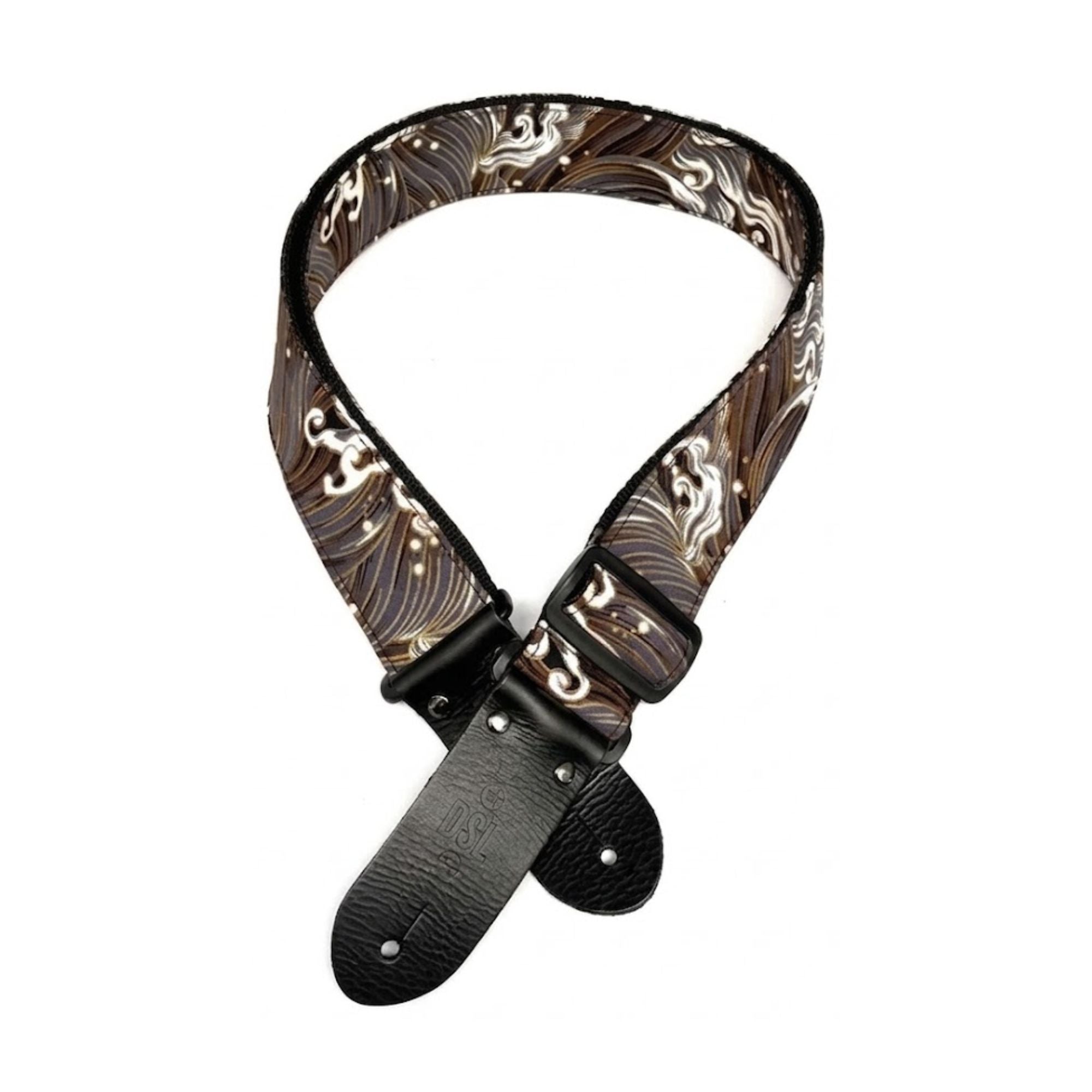 Black DSL Straps JWave guitar strap with 2-inch width, featuring a stylish wave design, adjustable for comfortable playing.