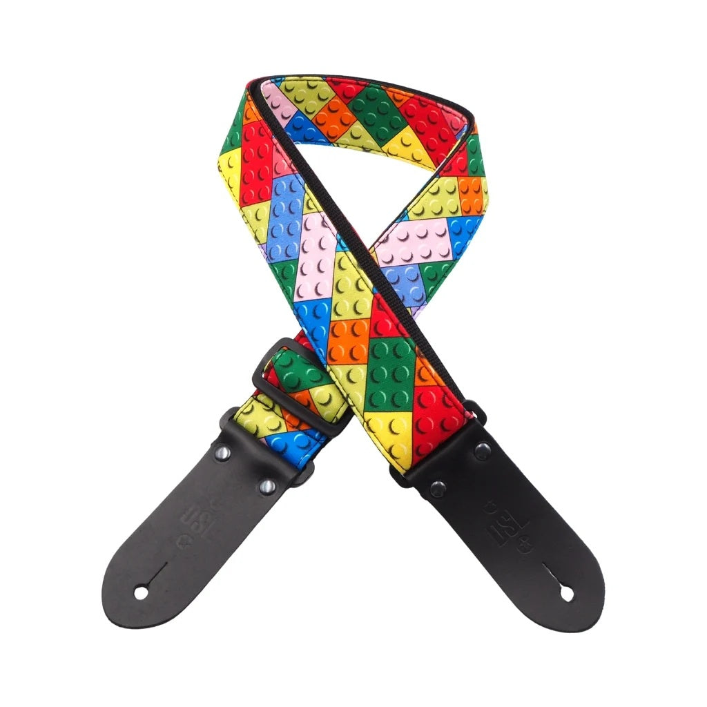 Black DSL Straps LG Block guitar strap, 2-inch wide with bold pattern, adjustable for comfortable playing.