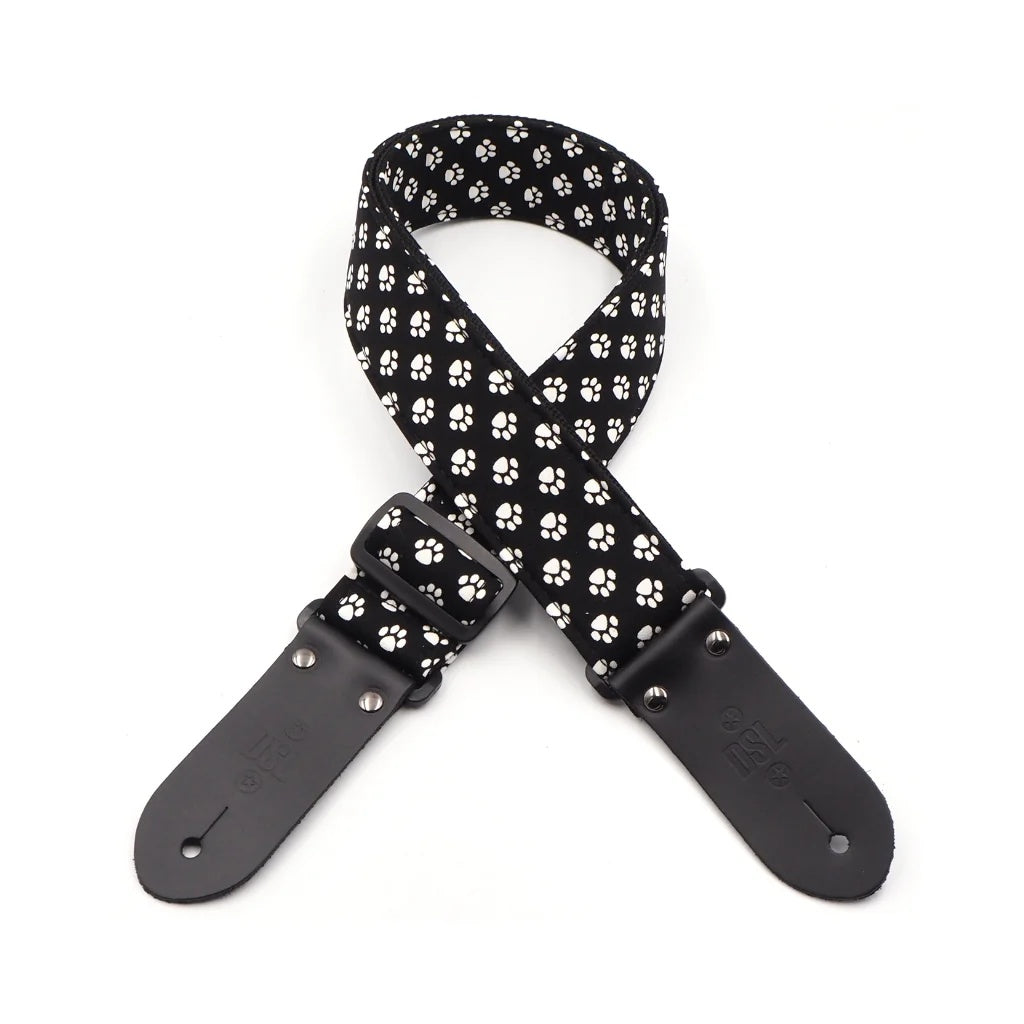 Black DSL Straps Paw guitar strap with 2-inch width, featuring a paw print design, adjustable for comfortable playing.