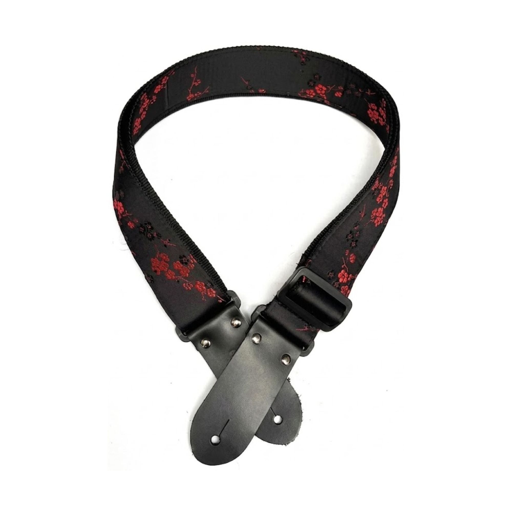 Red plum DSL Straps guitar strap in black, 2-inch wide, with adjustable length and durable material for comfortable playing.