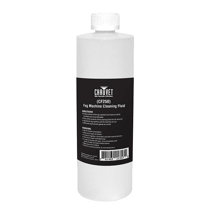 Chauvet CF250 fog machine cleaning fluid bottle for atmospheric machine maintenance and cleaning.