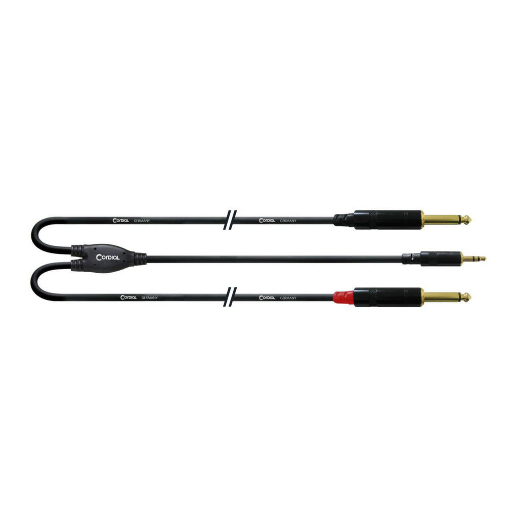 Cordial Essentials REAN Plug 3.5mm Stereo Gold to 2x Plug 6.3mm Mono Gold - Long Pigtail Side - 1.5m
