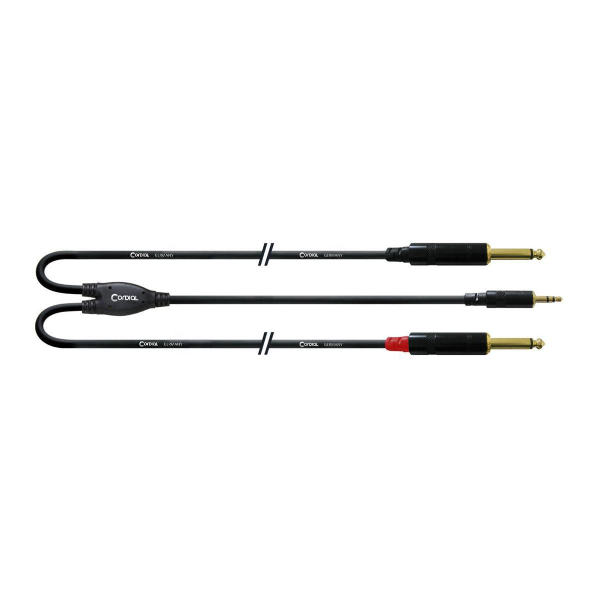Cordial Essentials REAN Plug 3.5mm Stereo Gold to 2x Plug 6.3mm Mono Gold - Long Pigtail Side - 3 meter