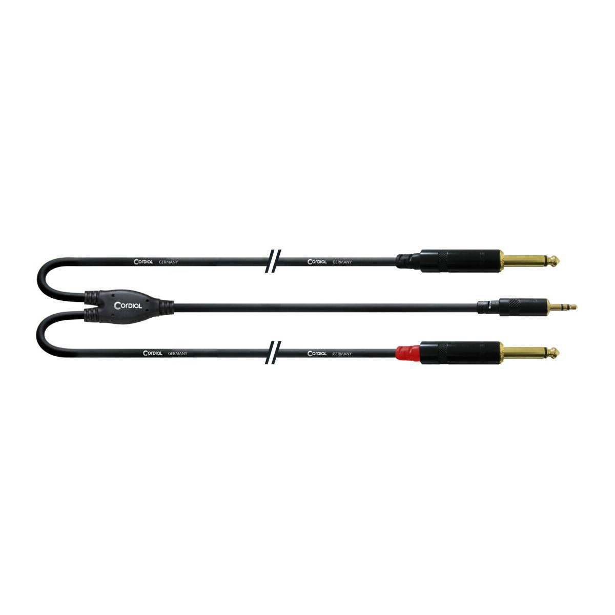 Cordial Essentials REAN Plug 3.5mm Stereo Gold to 2x Plug 6.3mm Mono Gold - Long Pigtail Side - 3 meter