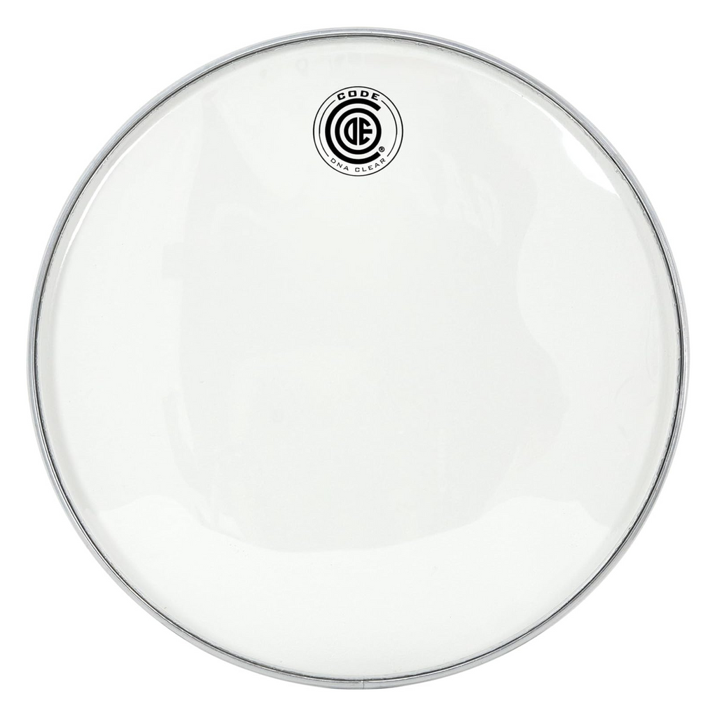 Code 13 DNA Clear drum head by Code Drumheads showing a round, transparent drum head with branding details.