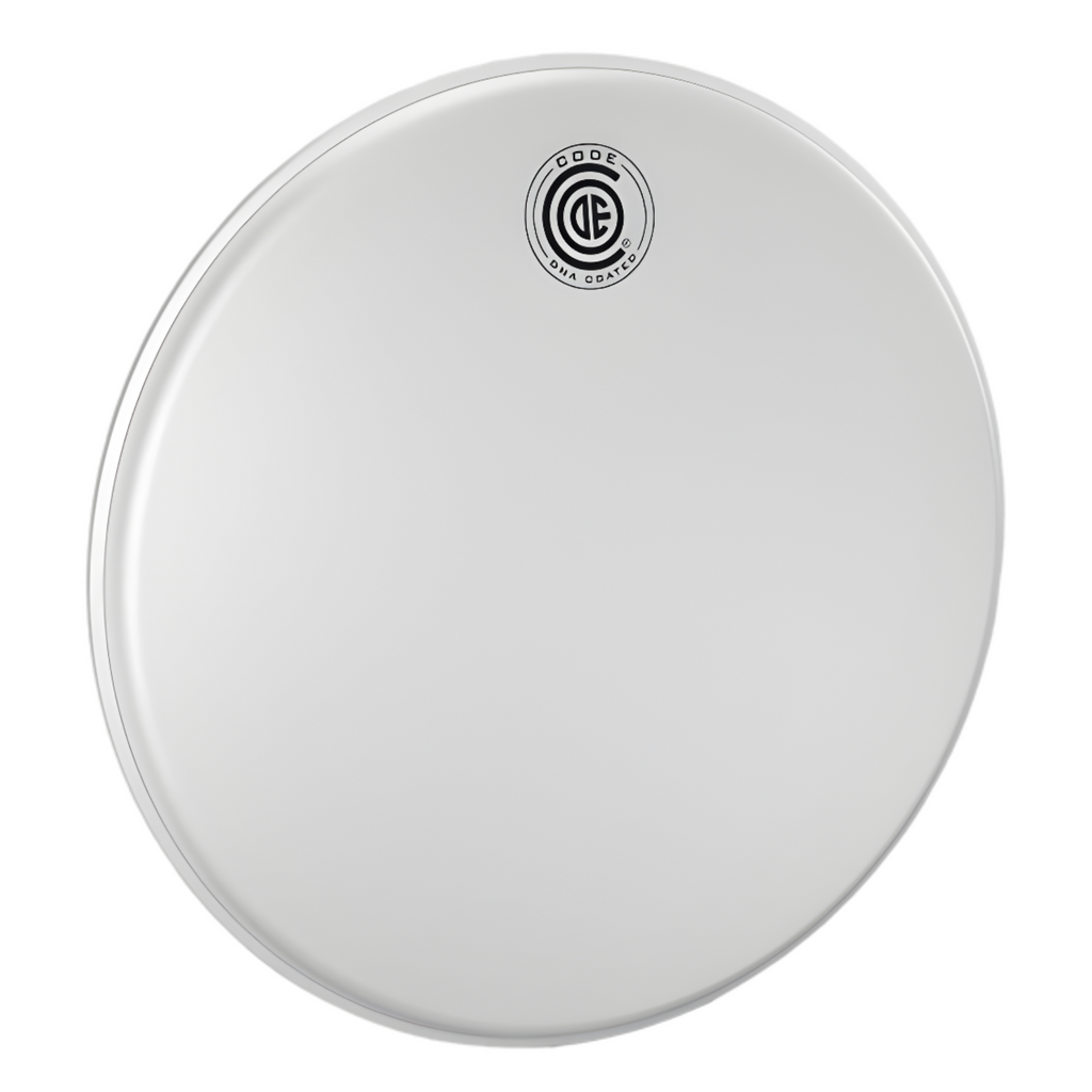 Code 13 DNA coated drum head by Code Drumheads, showing a close-up of the textured drum head surface with branding.