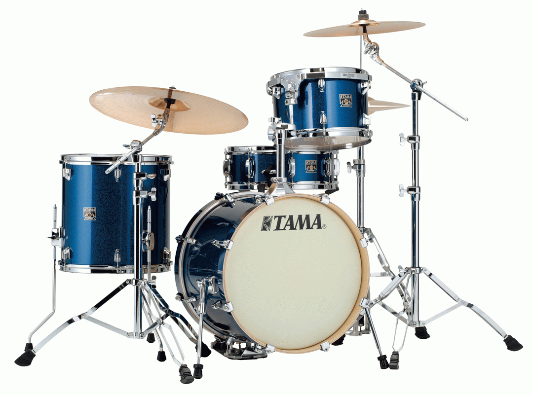 Tama Superstar Classic 18-inch 4-piece drum kit shell pack in Indigo Sparkle with 14-inch snare and 12/14-inch toms, front view.