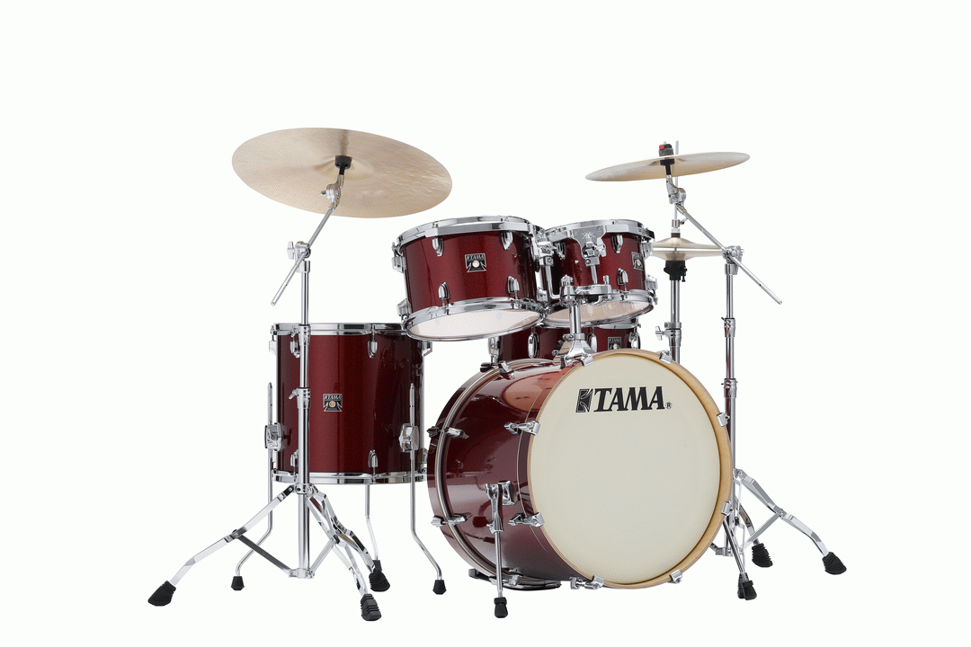 Tama Superstar Classic 20-inch 5-piece drum kit shell pack in dark red sparkle finish, showcasing drums and hardware.