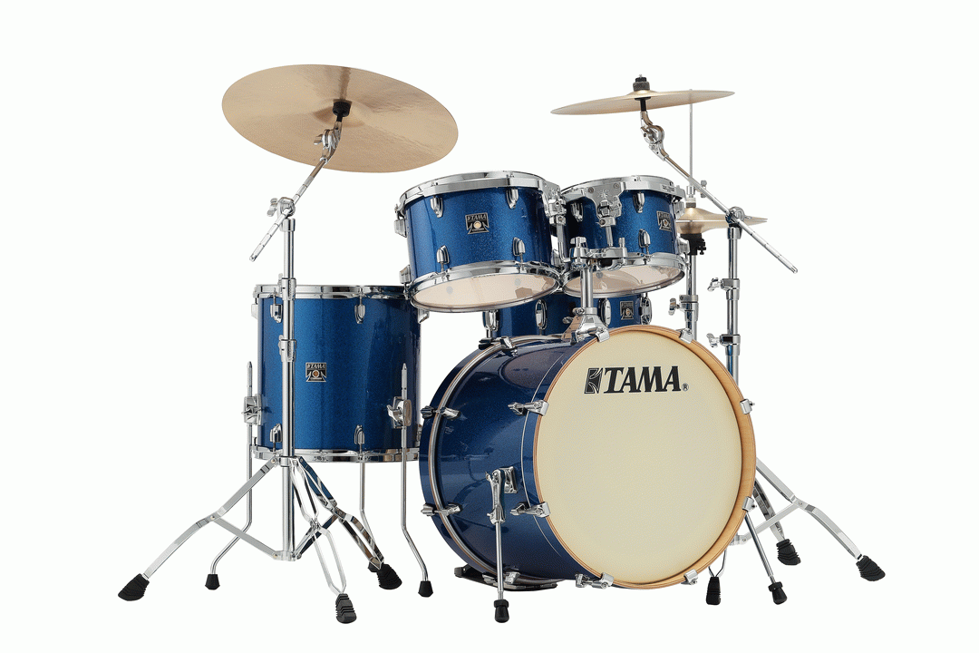 Tama Superstar Classic 20 drum kit shell pack in indigo sparkle with 20, 10, 12, 14-inch drums and 14-inch snare drum.