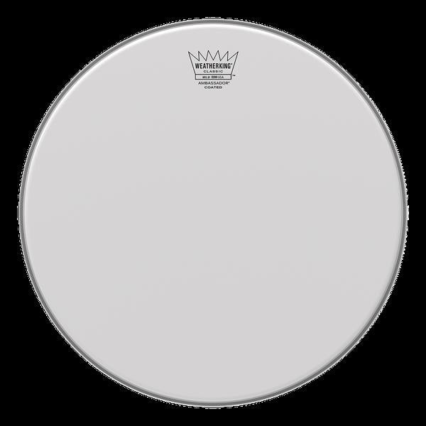 Remo Ambassador coated 12-inch drumhead with classic fit design, suitable for snare or tom drums, featuring durable Remo construction.