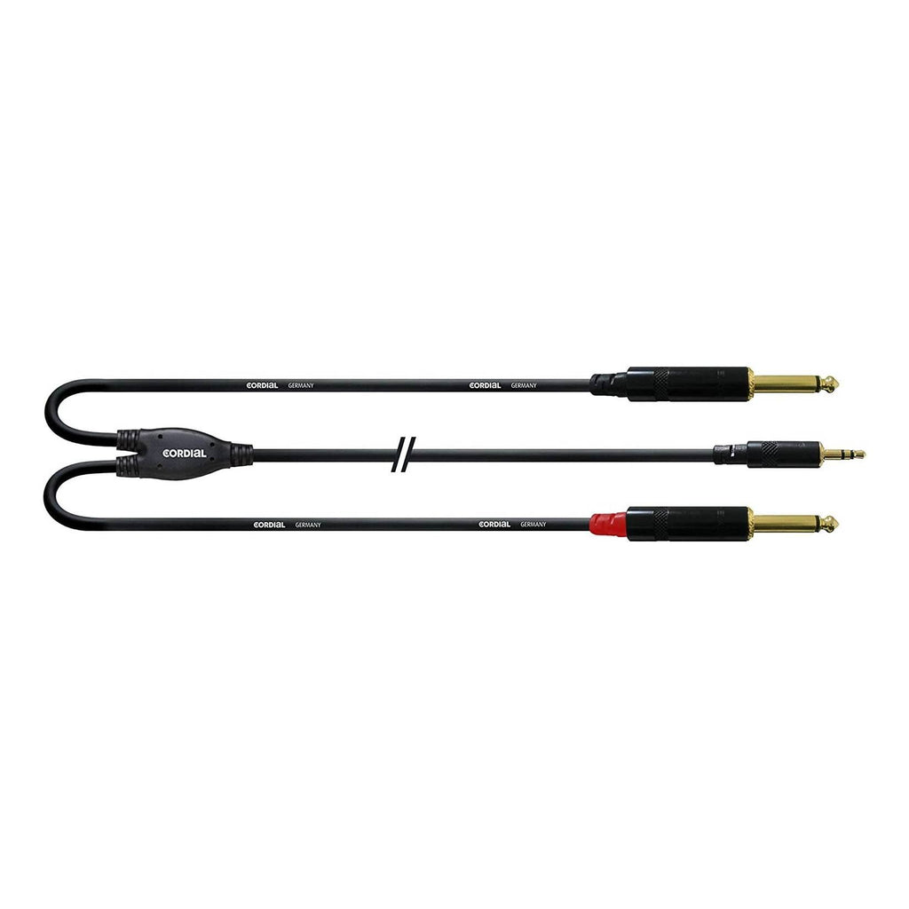 Cordial 6m Y-adapter cable with 3.5mm TRS plug and two 6.35mm TS plugs for audio connection, PA cables and adaptors