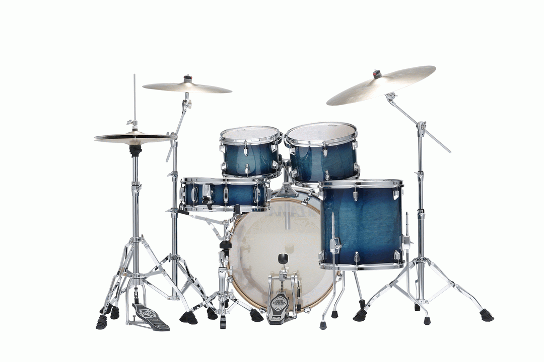Tama Superstar Classic 20-inch 5-piece drum kit shell pack in blue lacquer burst with drums and hardware visible.