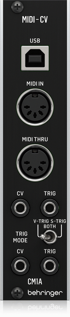 Behringer CM1A MIDI to CV converter module for synthesizer keyboards, featuring input and output jacks and control knobs.
