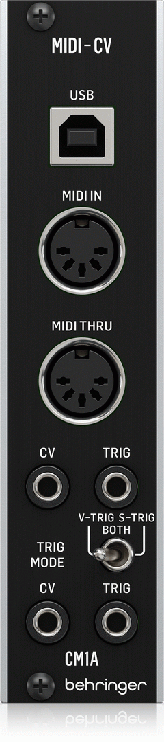 Behringer CM1A MIDI to CV converter module for synthesizer keyboards, featuring input and output jacks and control knobs.