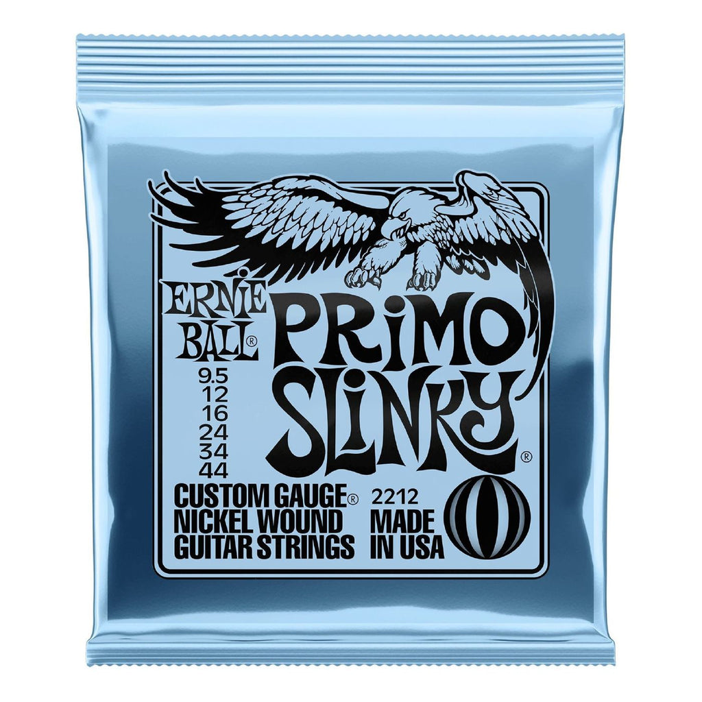 Ernie Ball 2212 Primo Slinky electric guitar strings, 9.5-44 gauge, displayed on a guitar with the strings coiled and ready to install.