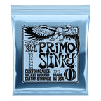 Ernie Ball 2212 Primo Slinky electric guitar strings, 9.5-44 gauge, displayed on a guitar with the strings coiled and ready to install.