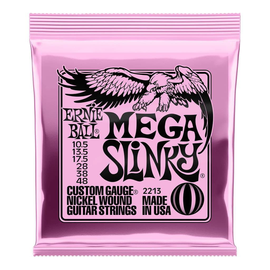 Ernie Ball Mega Slinky Nickel Wound Electric Guitar Strings 10.5-48 in packaging, ready for guitar playing and string replacement.