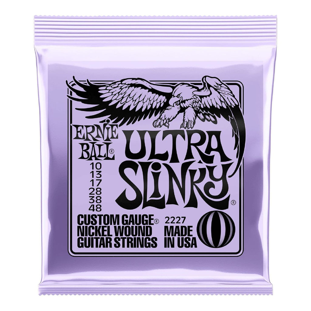 Ernie Ball 2227 Ultra Slinky Nickel Wound Electric Guitar Strings, 10-48 gauge, laid out on a white background