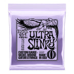 Ernie Ball 2227 Ultra Slinky Nickel Wound Electric Guitar Strings, 10-48 gauge, laid out on a white background