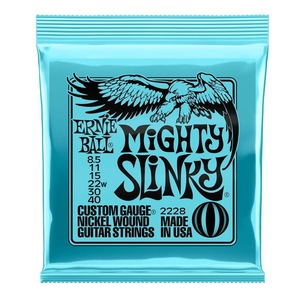 Ernie Ball 2228 electric guitar strings, 8.5-40 Mighty Slinky Nickel Wound, displayed on a guitar.