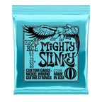 Ernie Ball 2228 electric guitar strings, 8.5-40 Mighty Slinky Nickel Wound, displayed on a guitar.