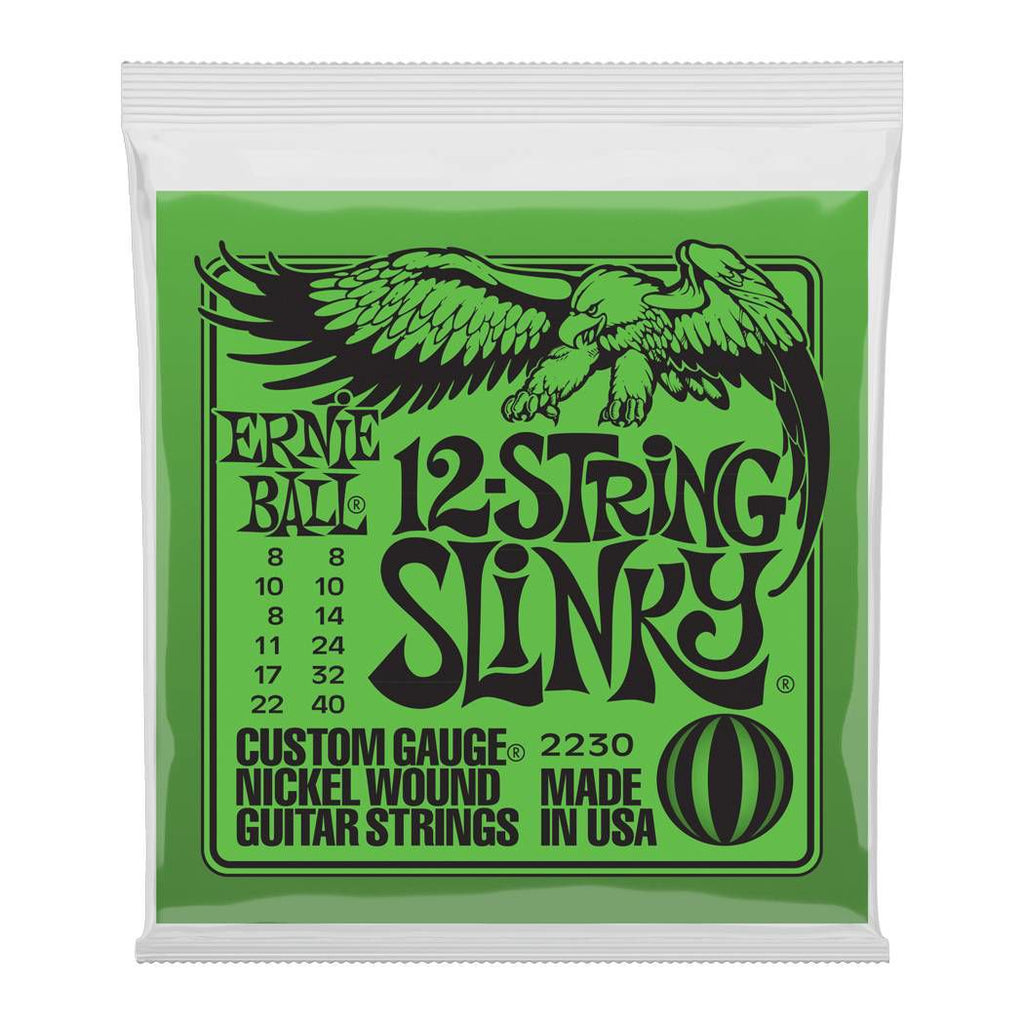 Ernie Ball 2230 8-40 Slinky 12-string electric guitar strings with nickel winding, arranged in a row on a white background.