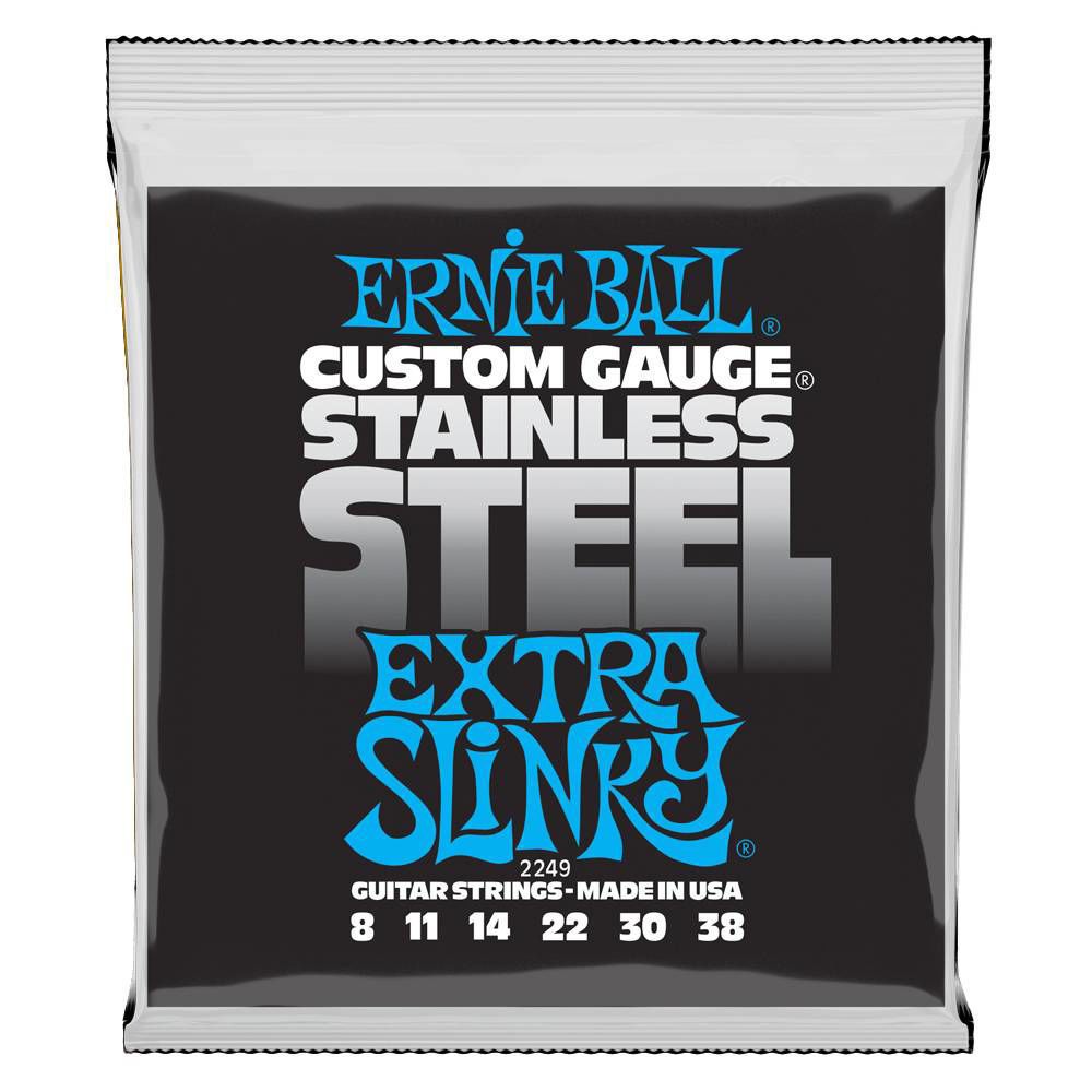 Ernie Ball 2249 08-38 stainless steel wound electric guitar strings, extra slinky gauge, on a guitar.