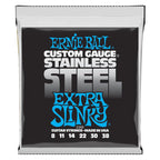 Ernie Ball 2249 08-38 stainless steel wound electric guitar strings, extra slinky gauge, on a guitar.