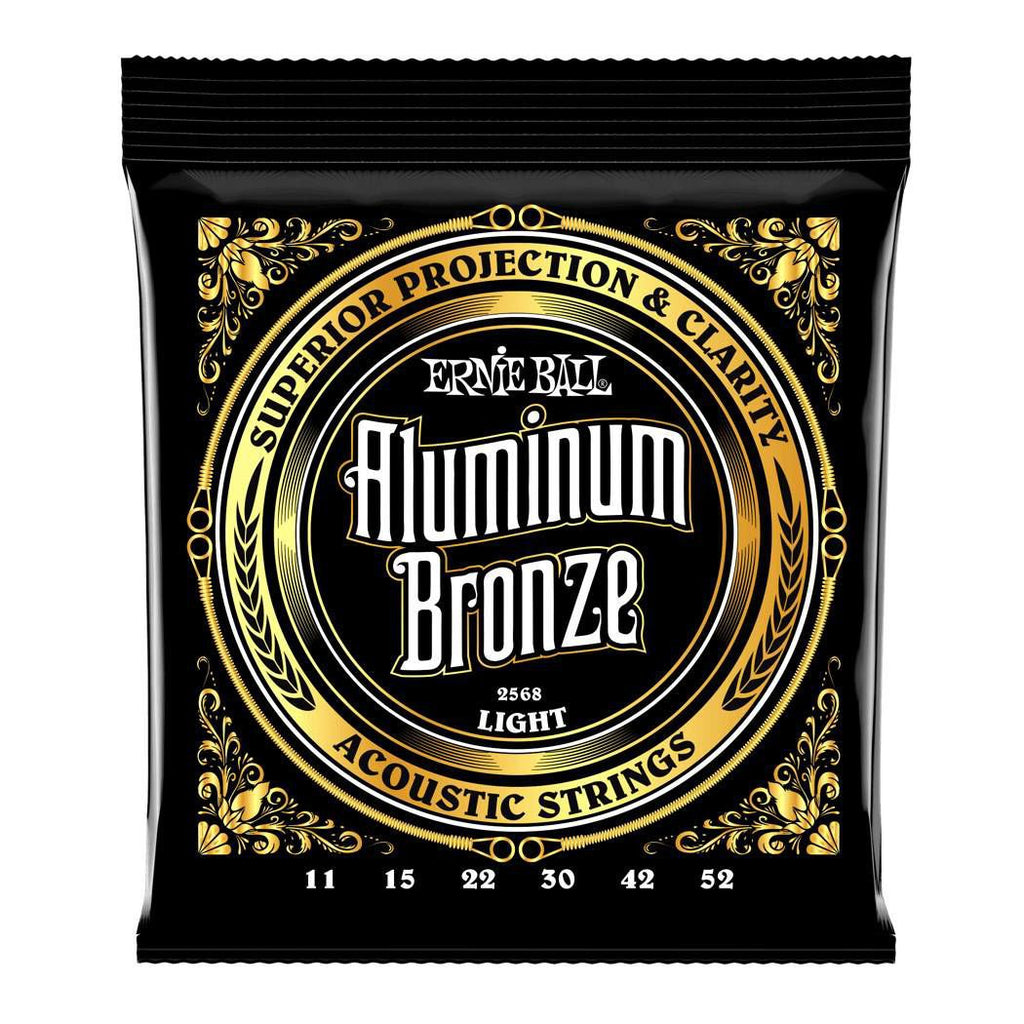 Ernie Ball 2568 light aluminum bronze acoustic guitar strings, six-pack, showing the packaging and string coils.