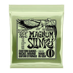 Ernie Ball Magnum Slinky Olive electric guitar strings set with 12-56 gauge, displayed on a guitar fretboard.