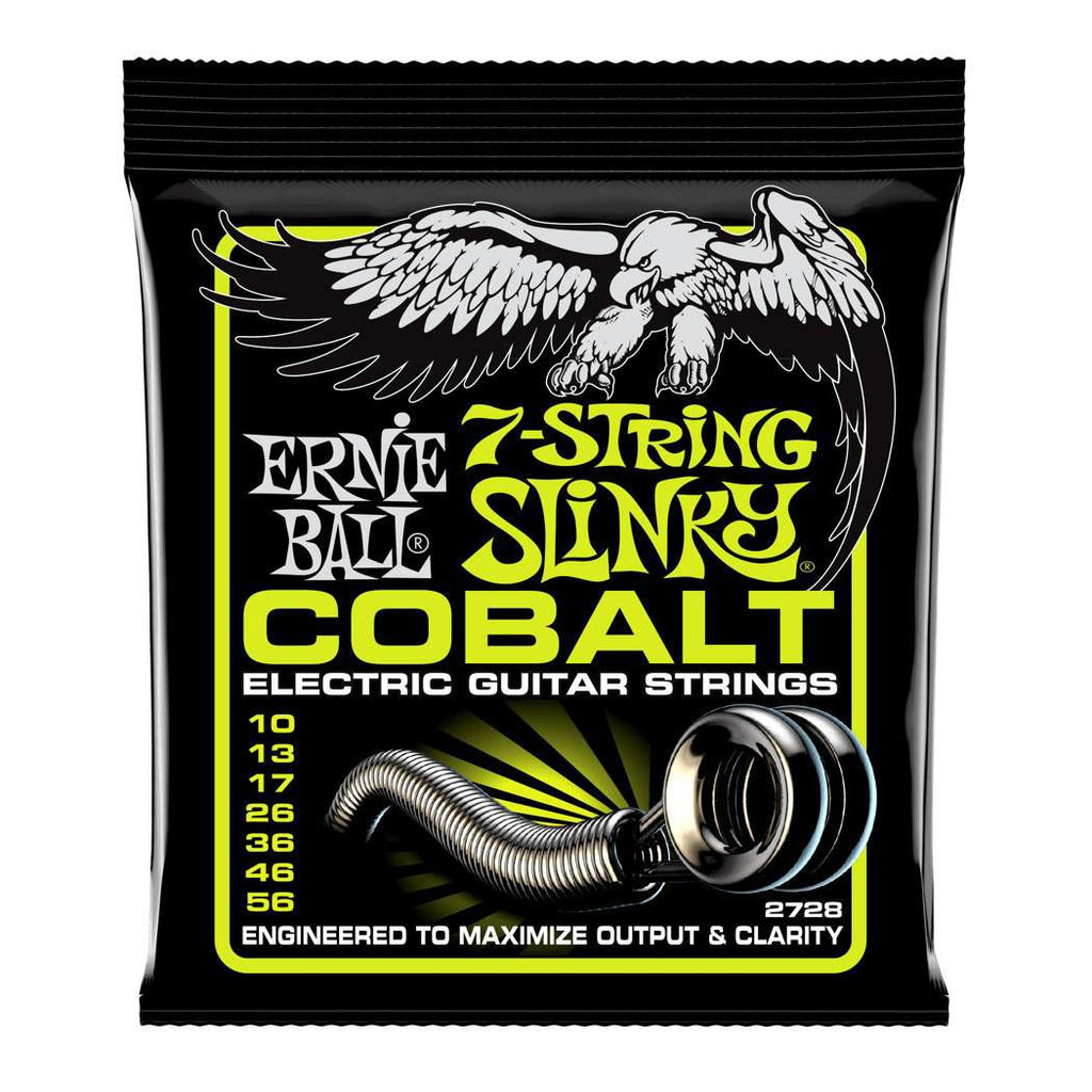 Ernie Ball 2728 10-56 Cobalt electric guitar strings for 7-string guitars, arranged on a display with packaging visible.