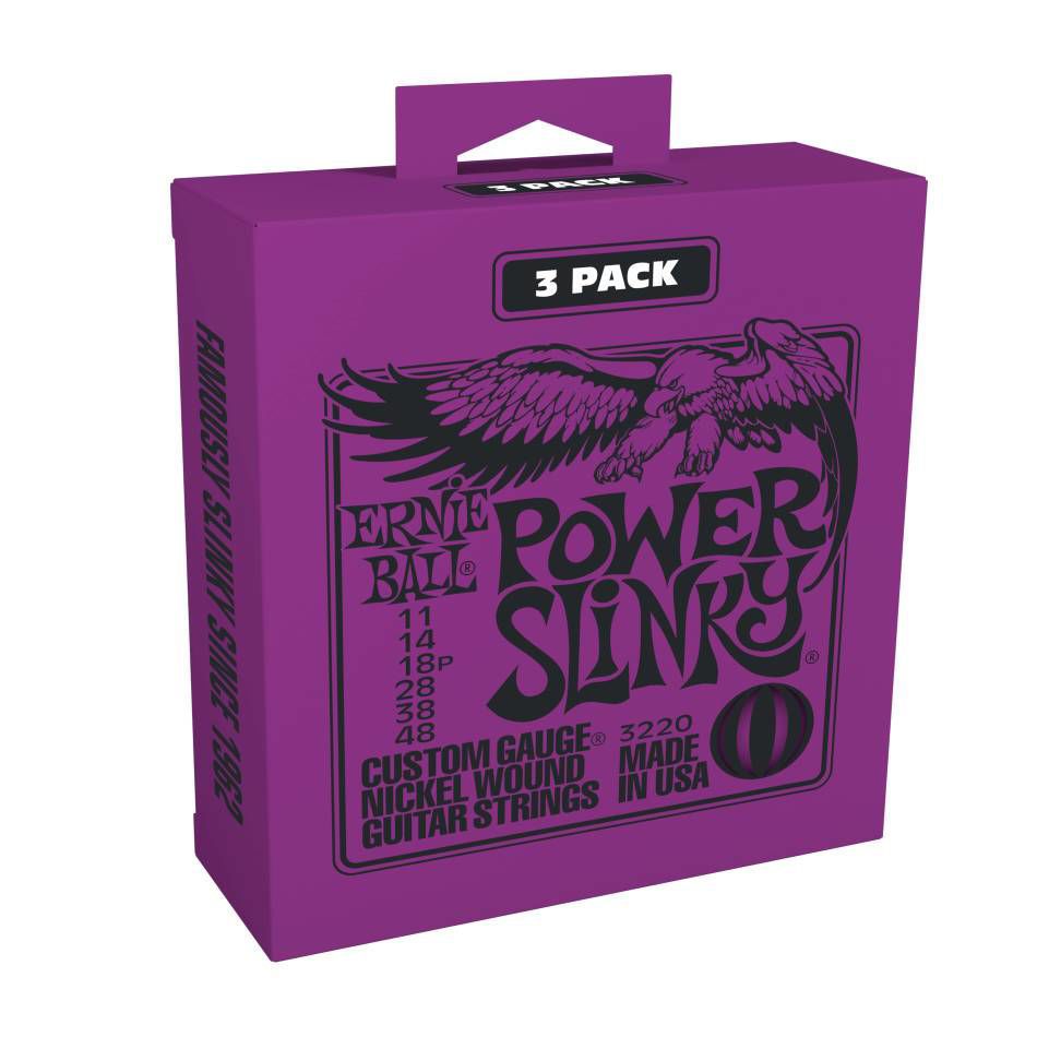 Ernie Ball 3220 Power Slinky Nickel Wound Electric Guitar Strings 3-pack, showing the packaging and string set for electric guitars.