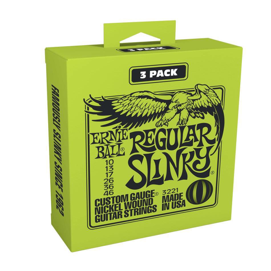 Ernie Ball Regular Slinky Nickel Wound Electric Guitar Strings 3-pack with 10-46 gauge, shown in a close-up image.