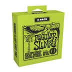 Ernie Ball Regular Slinky Nickel Wound Electric Guitar Strings 3-pack with 10-46 gauge, shown in a close-up image.